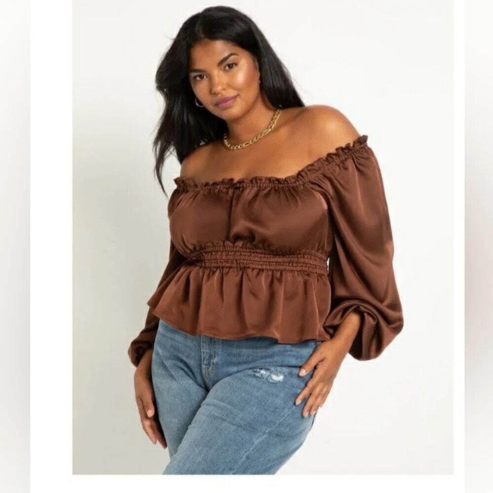 NEW Eloquii Brown Satin Elastic Waist Off the Shoulder Puff Sleeves Top 14